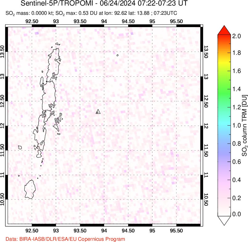 A sulfur dioxide image over Andaman Islands, Indian Ocean on Jun 24, 2024.