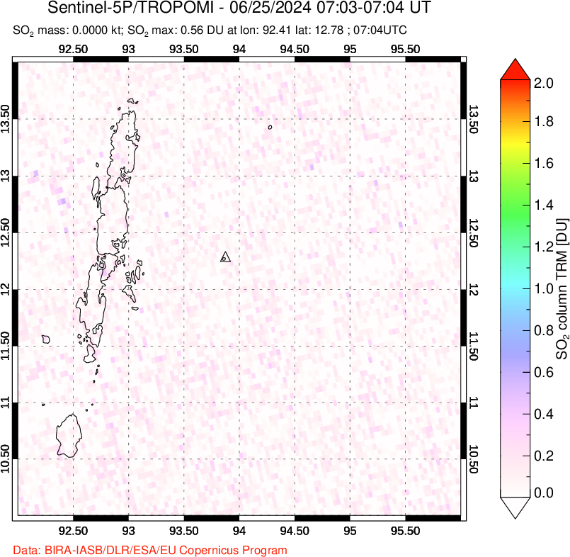 A sulfur dioxide image over Andaman Islands, Indian Ocean on Jun 25, 2024.