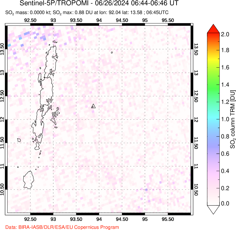 A sulfur dioxide image over Andaman Islands, Indian Ocean on Jun 26, 2024.