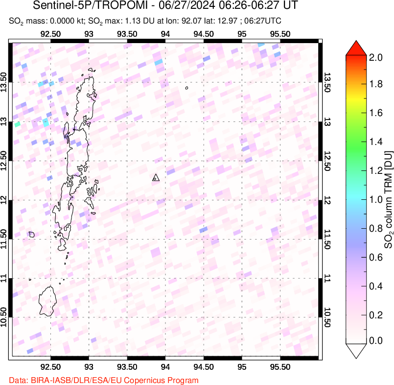 A sulfur dioxide image over Andaman Islands, Indian Ocean on Jun 27, 2024.