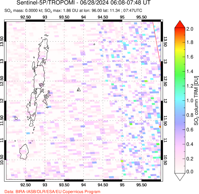 A sulfur dioxide image over Andaman Islands, Indian Ocean on Jun 28, 2024.