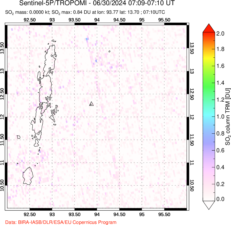 A sulfur dioxide image over Andaman Islands, Indian Ocean on Jun 30, 2024.