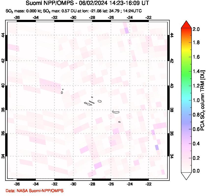 A sulfur dioxide image over Azores Islands, Portugal on Jun 02, 2024.