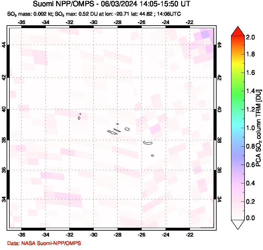 A sulfur dioxide image over Azores Islands, Portugal on Jun 03, 2024.