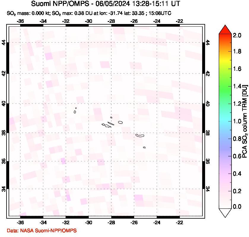 A sulfur dioxide image over Azores Islands, Portugal on Jun 05, 2024.