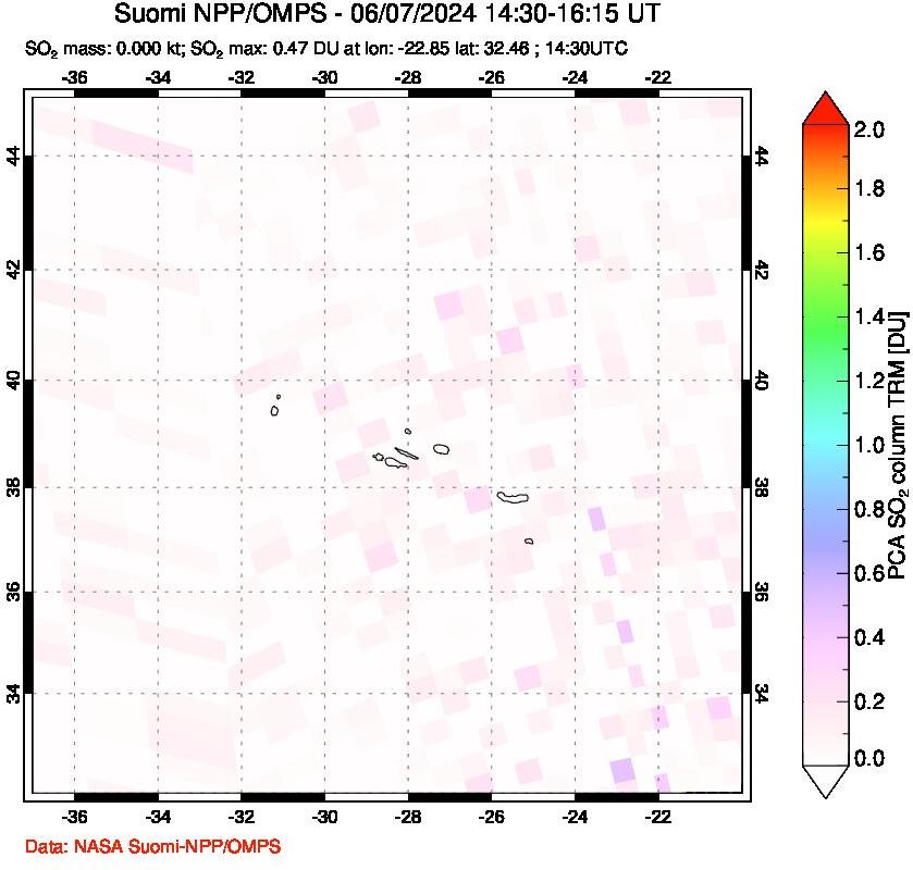 A sulfur dioxide image over Azores Islands, Portugal on Jun 07, 2024.