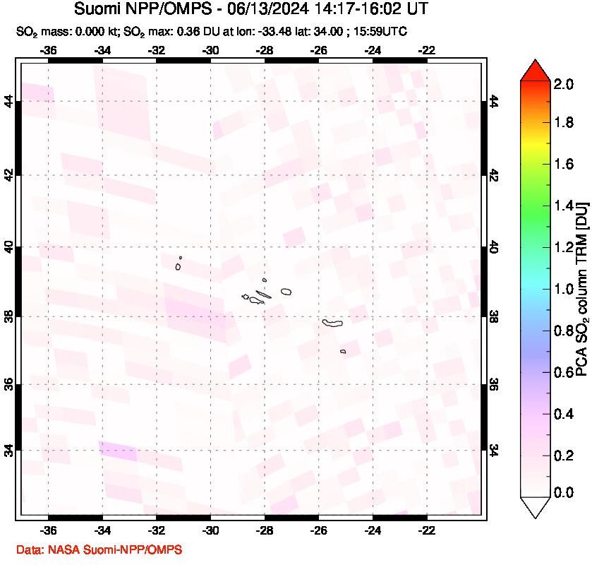 A sulfur dioxide image over Azores Islands, Portugal on Jun 13, 2024.