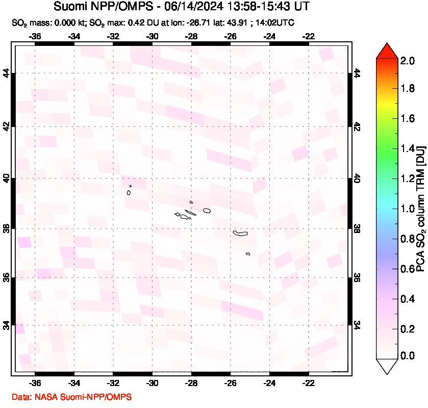 A sulfur dioxide image over Azores Islands, Portugal on Jun 14, 2024.