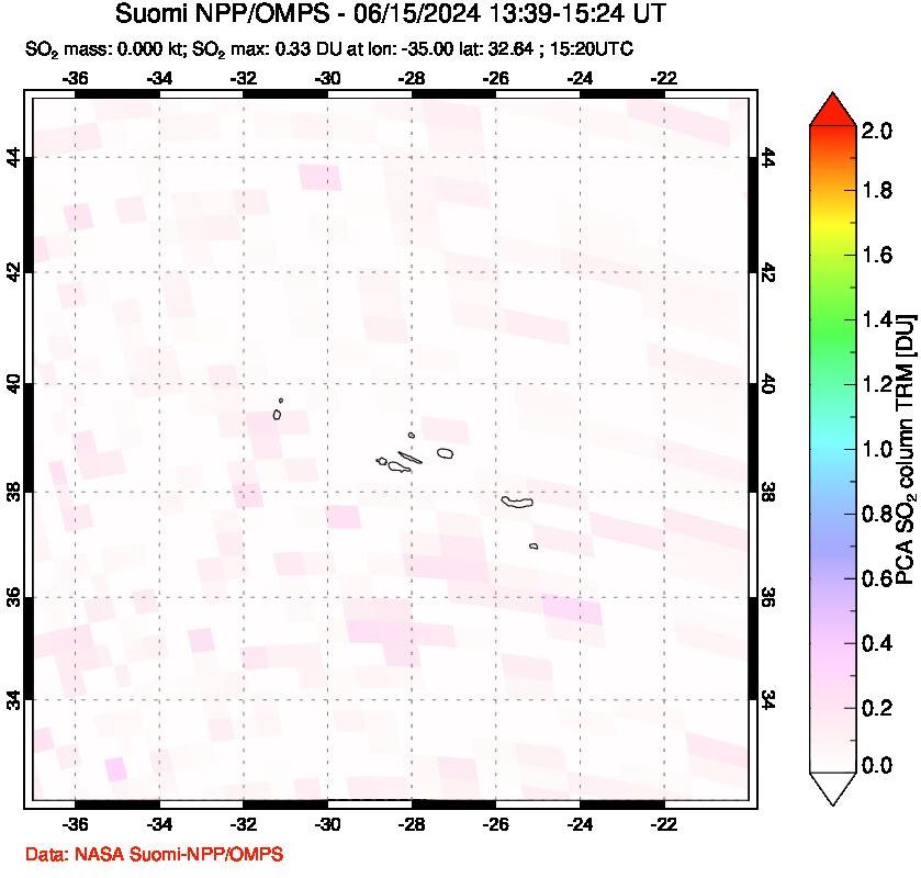 A sulfur dioxide image over Azores Islands, Portugal on Jun 15, 2024.