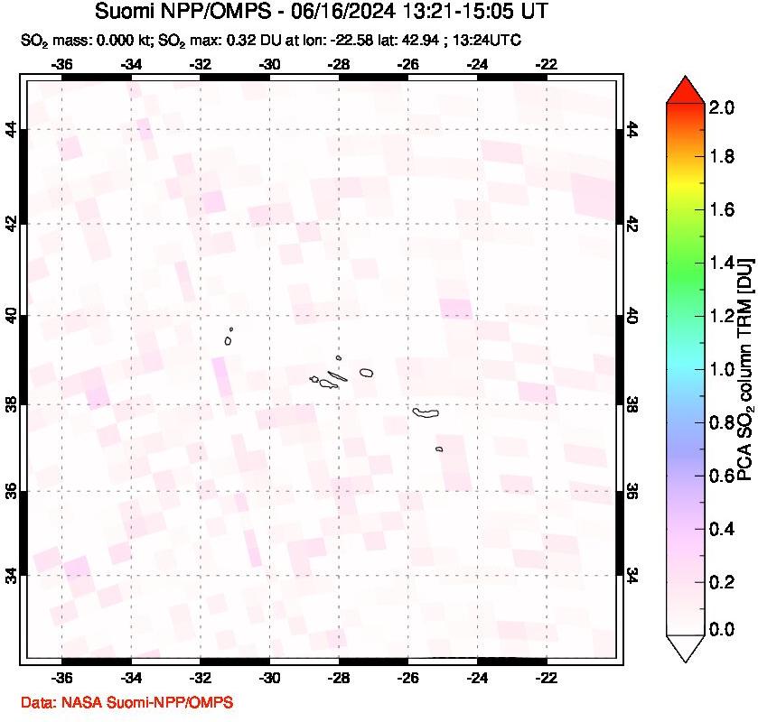 A sulfur dioxide image over Azores Islands, Portugal on Jun 16, 2024.