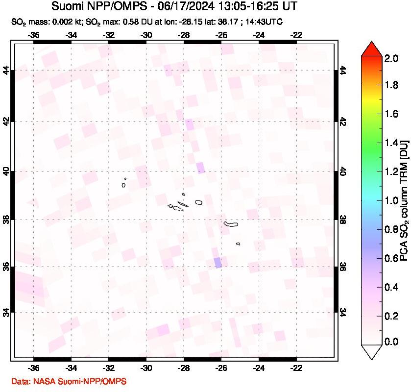 A sulfur dioxide image over Azores Islands, Portugal on Jun 17, 2024.