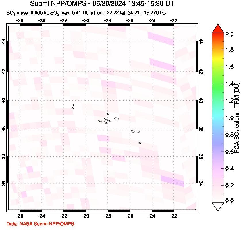 A sulfur dioxide image over Azores Islands, Portugal on Jun 20, 2024.