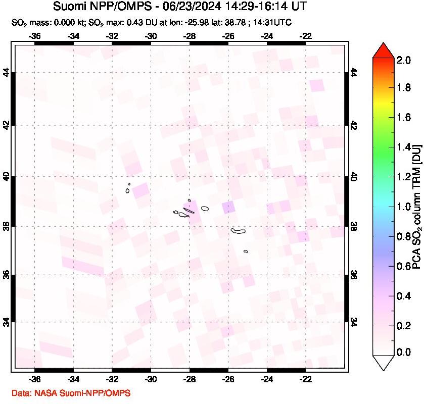 A sulfur dioxide image over Azores Islands, Portugal on Jun 23, 2024.