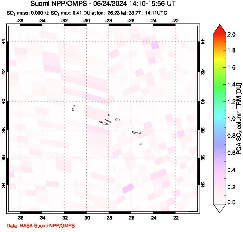 A sulfur dioxide image over Azores Islands, Portugal on Jun 24, 2024.