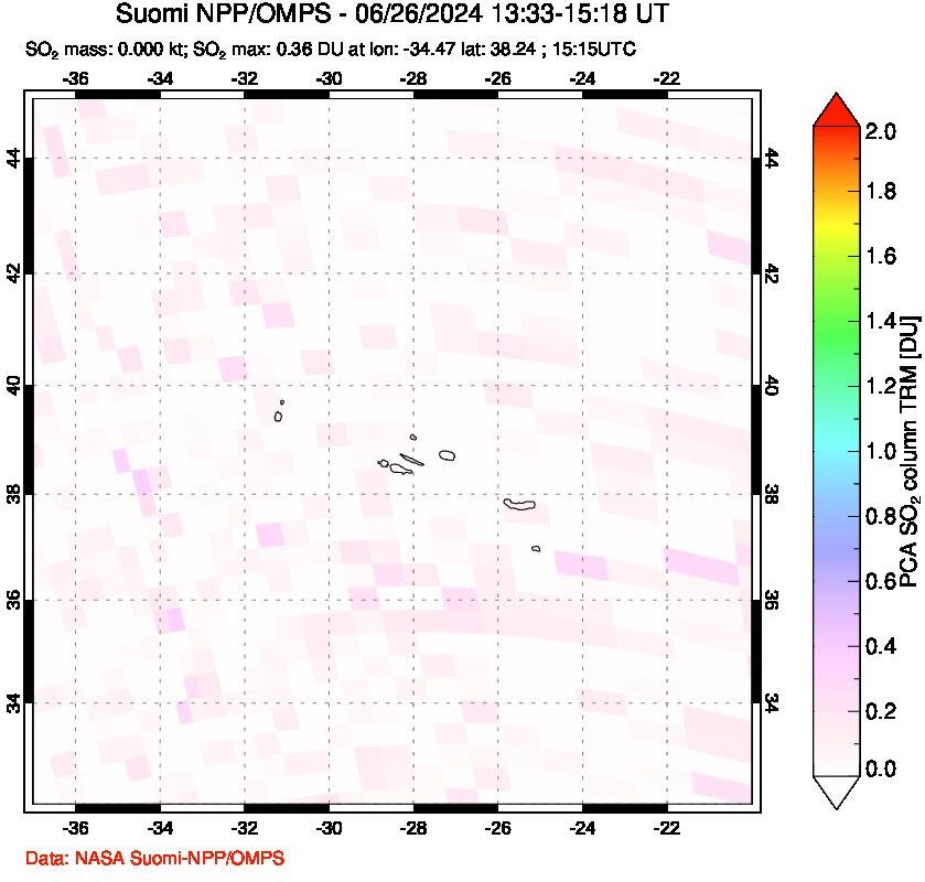 A sulfur dioxide image over Azores Islands, Portugal on Jun 26, 2024.