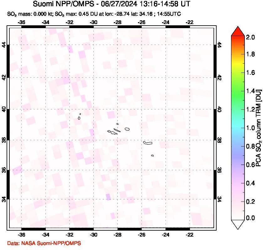 A sulfur dioxide image over Azores Islands, Portugal on Jun 27, 2024.