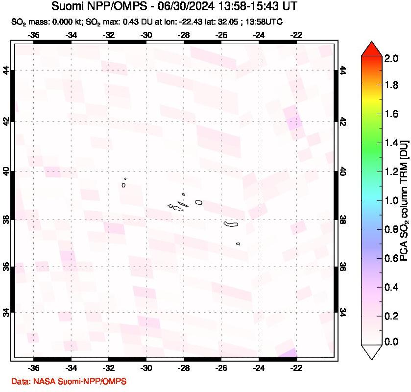 A sulfur dioxide image over Azores Islands, Portugal on Jun 30, 2024.