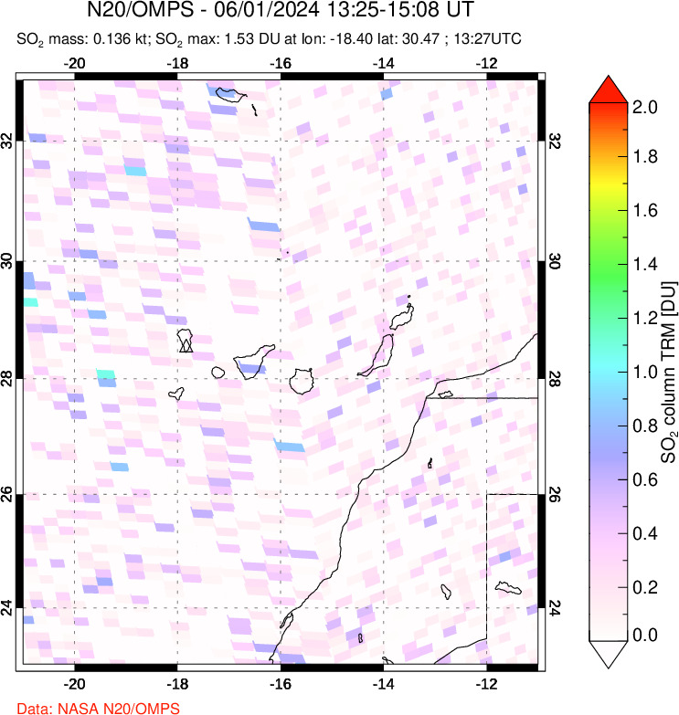 A sulfur dioxide image over Canary Islands on Jun 01, 2024.