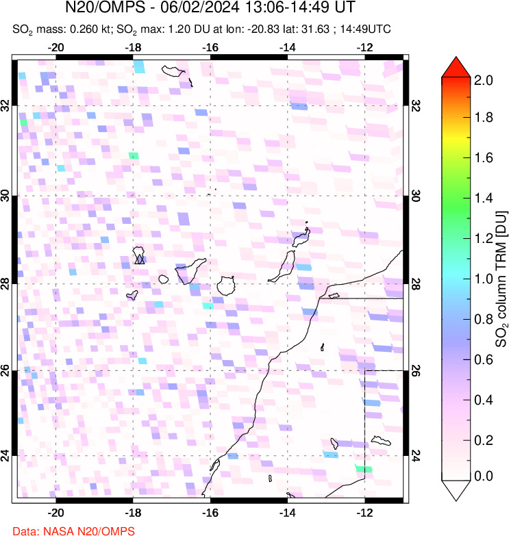 A sulfur dioxide image over Canary Islands on Jun 02, 2024.