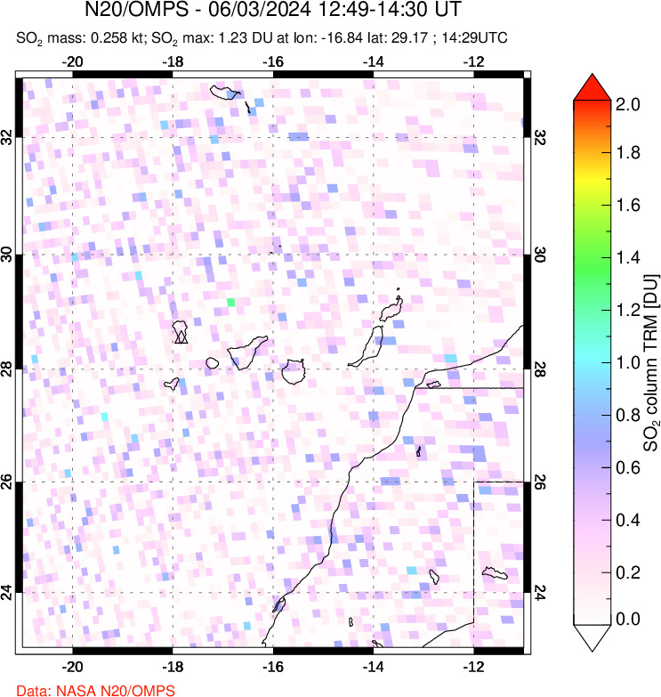 A sulfur dioxide image over Canary Islands on Jun 03, 2024.