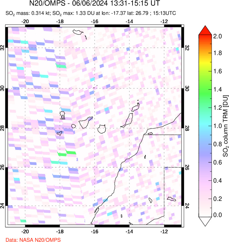 A sulfur dioxide image over Canary Islands on Jun 06, 2024.