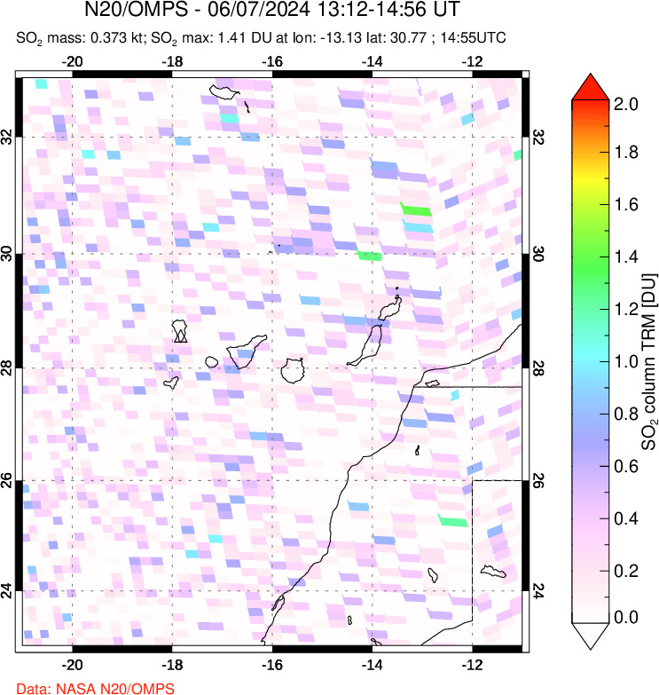 A sulfur dioxide image over Canary Islands on Jun 07, 2024.