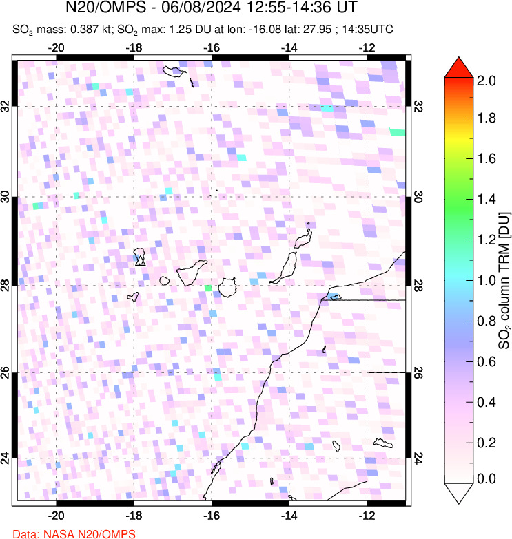 A sulfur dioxide image over Canary Islands on Jun 08, 2024.