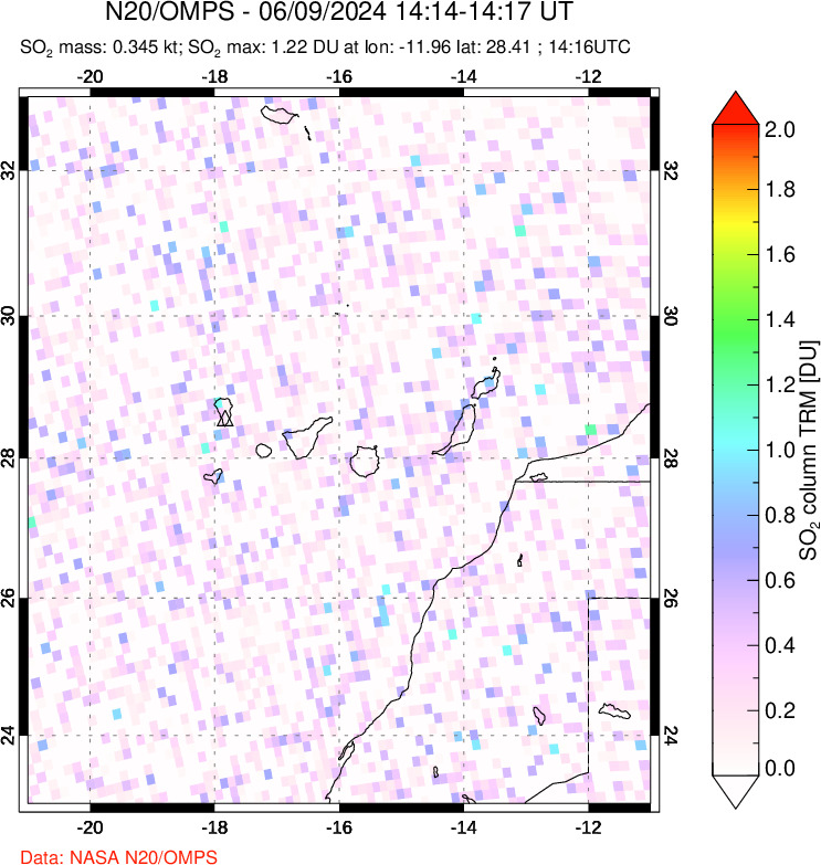 A sulfur dioxide image over Canary Islands on Jun 09, 2024.