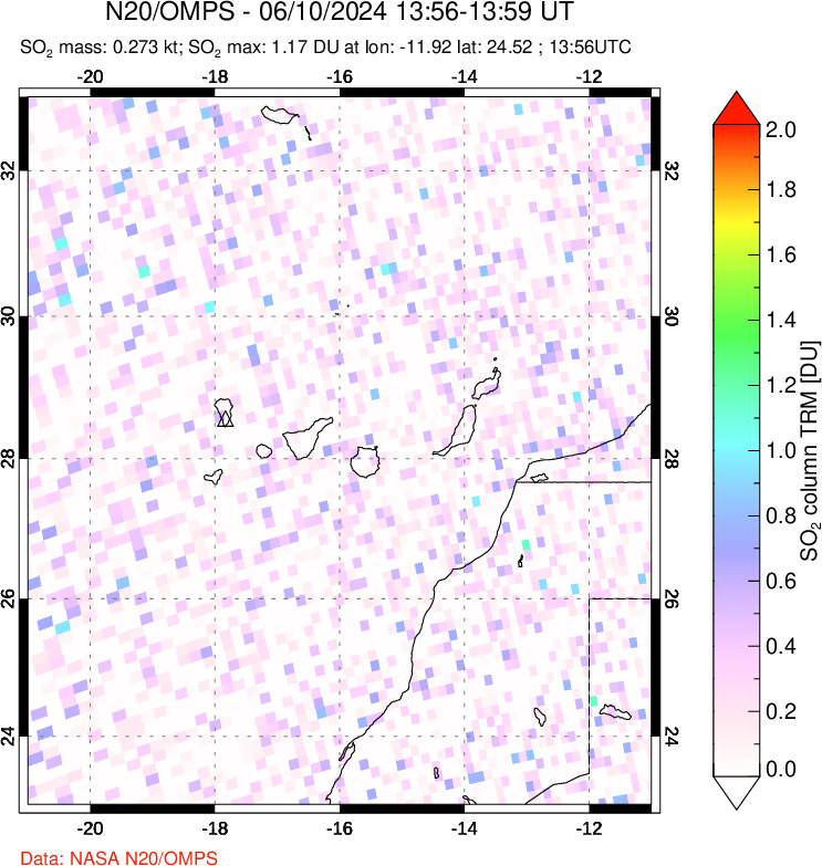 A sulfur dioxide image over Canary Islands on Jun 10, 2024.