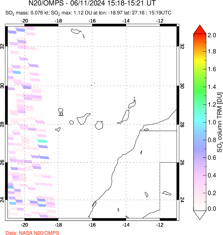 A sulfur dioxide image over Canary Islands on Jun 11, 2024.