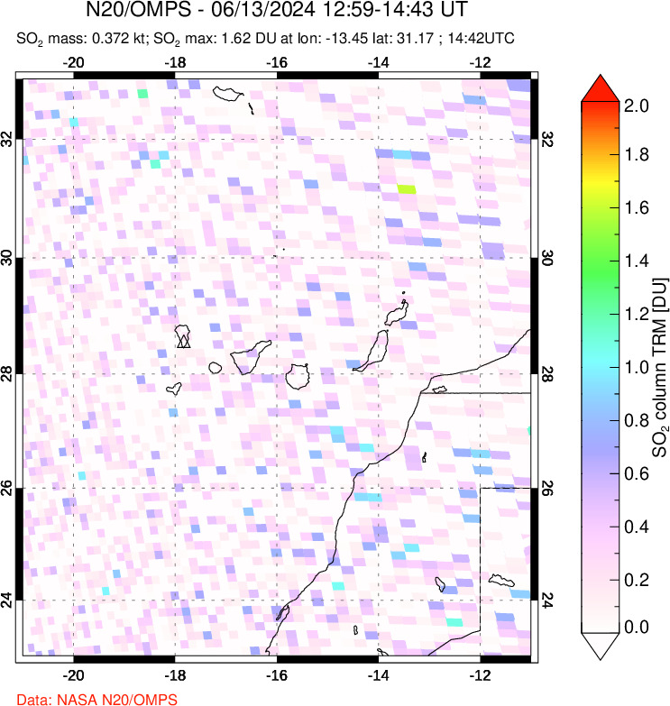 A sulfur dioxide image over Canary Islands on Jun 13, 2024.