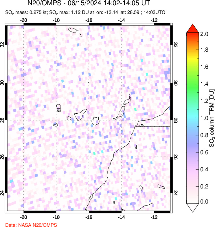 A sulfur dioxide image over Canary Islands on Jun 15, 2024.