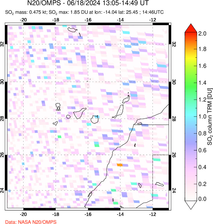 A sulfur dioxide image over Canary Islands on Jun 18, 2024.