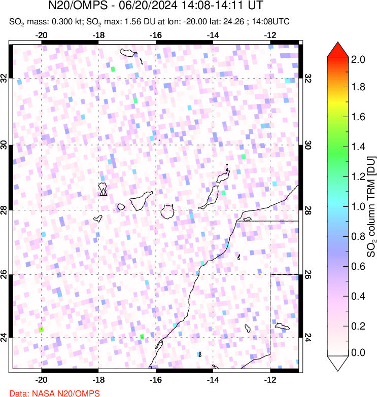 A sulfur dioxide image over Canary Islands on Jun 20, 2024.