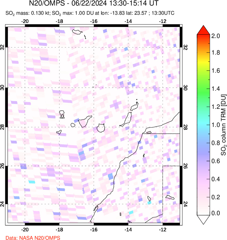 A sulfur dioxide image over Canary Islands on Jun 22, 2024.