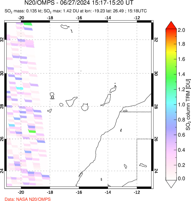 A sulfur dioxide image over Canary Islands on Jun 27, 2024.