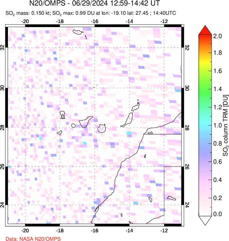 A sulfur dioxide image over Canary Islands on Jun 29, 2024.