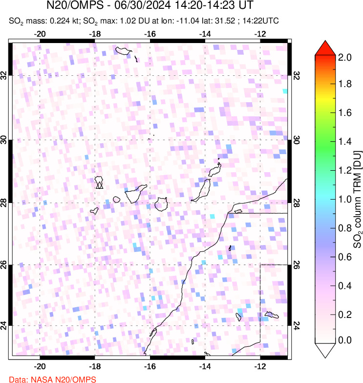 A sulfur dioxide image over Canary Islands on Jun 30, 2024.