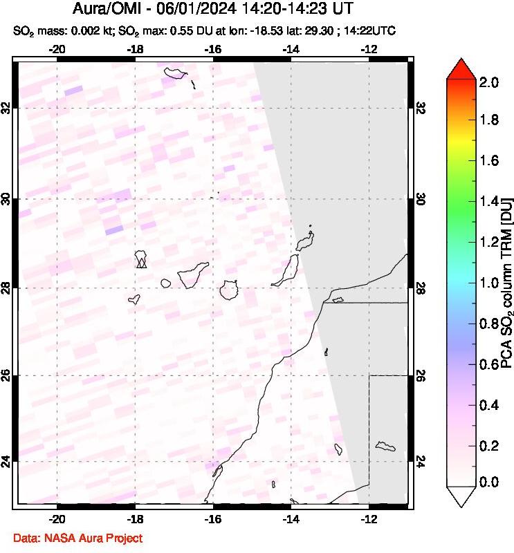 A sulfur dioxide image over Canary Islands on Jun 01, 2024.