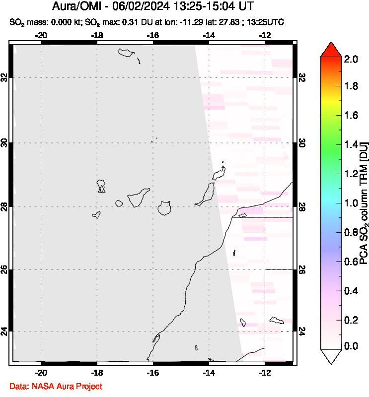 A sulfur dioxide image over Canary Islands on Jun 02, 2024.