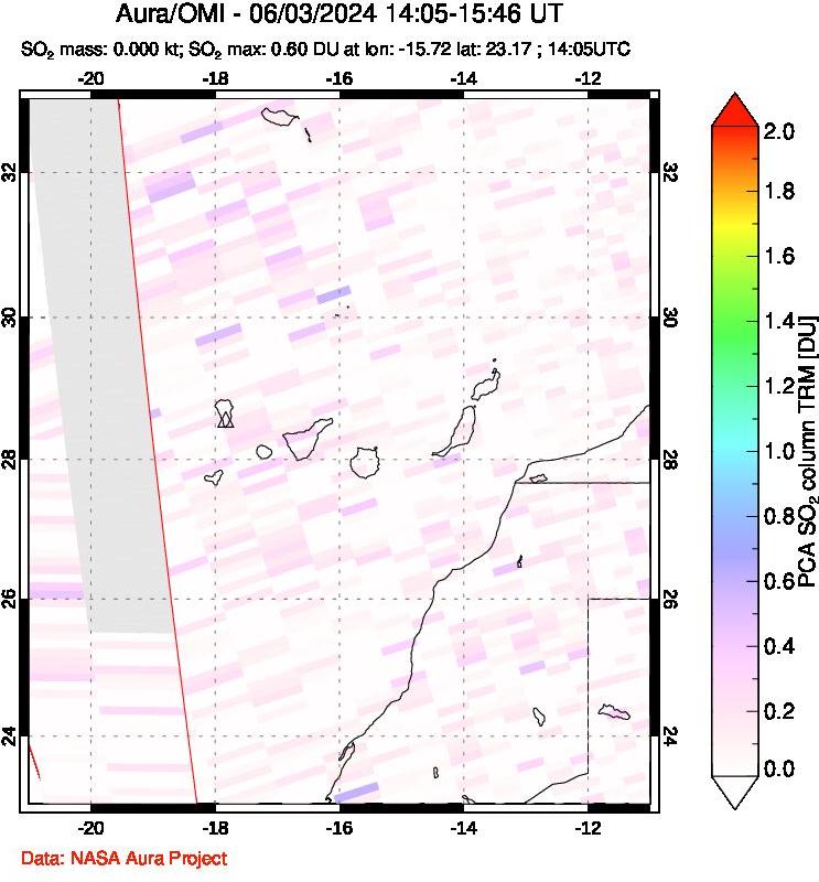 A sulfur dioxide image over Canary Islands on Jun 03, 2024.