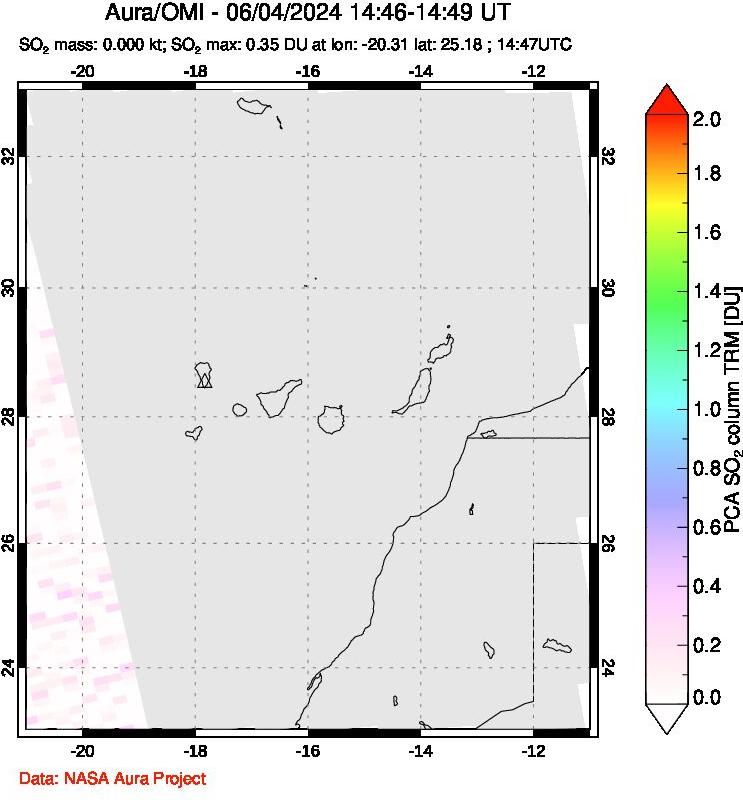 A sulfur dioxide image over Canary Islands on Jun 04, 2024.