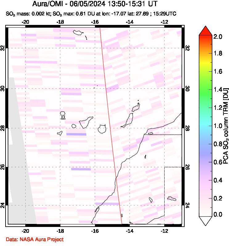 A sulfur dioxide image over Canary Islands on Jun 05, 2024.