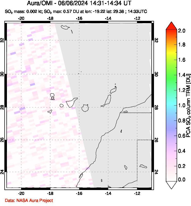 A sulfur dioxide image over Canary Islands on Jun 06, 2024.