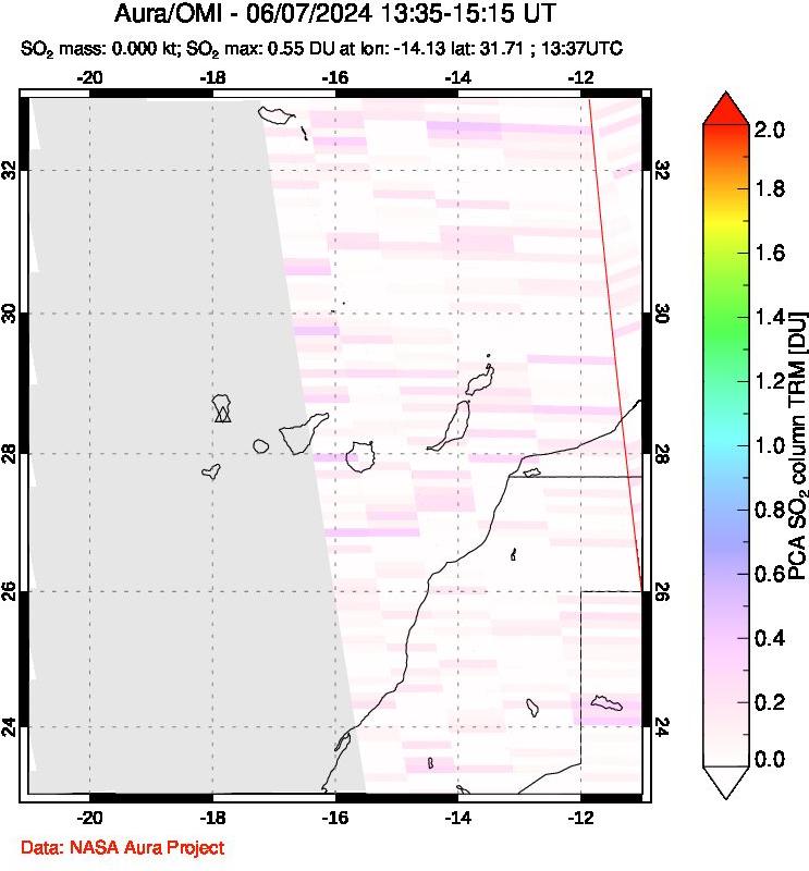 A sulfur dioxide image over Canary Islands on Jun 07, 2024.