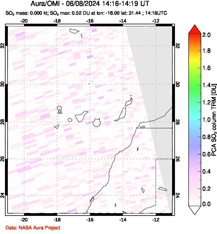 A sulfur dioxide image over Canary Islands on Jun 08, 2024.