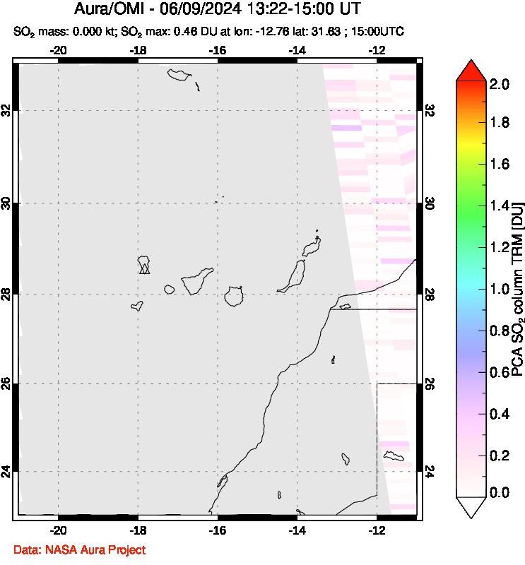 A sulfur dioxide image over Canary Islands on Jun 09, 2024.