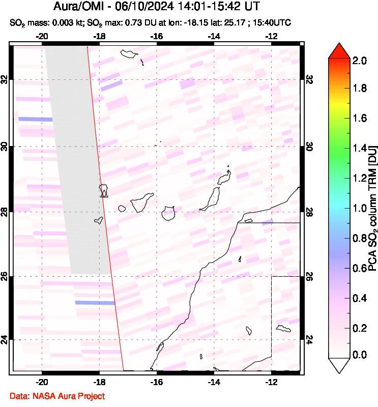 A sulfur dioxide image over Canary Islands on Jun 10, 2024.