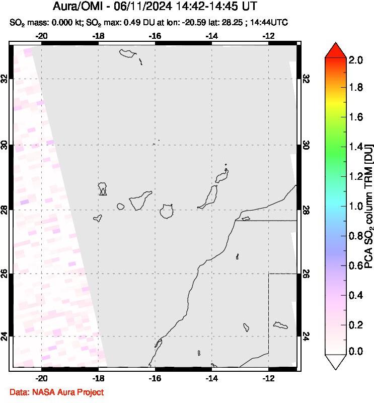 A sulfur dioxide image over Canary Islands on Jun 11, 2024.