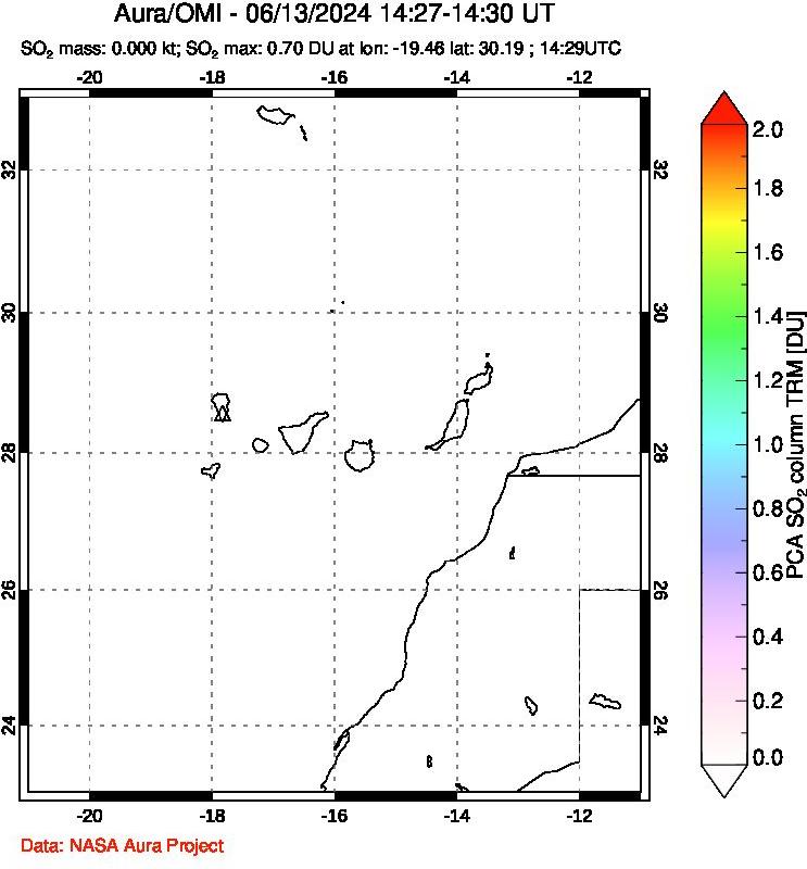 A sulfur dioxide image over Canary Islands on Jun 13, 2024.